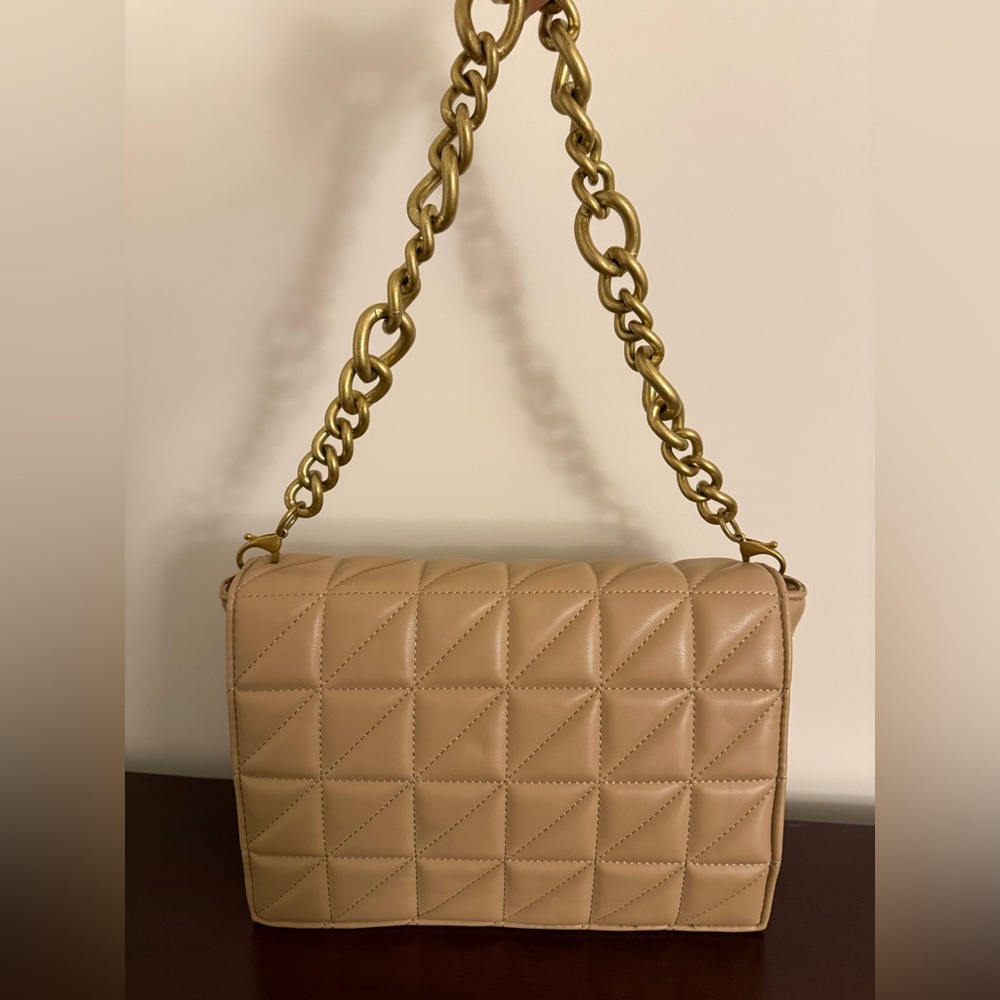 Zara Tan Quilted Shoulder Bag with Gold Chain